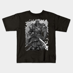 Armored Samurai warrior with katanas heavy armor Japanese culture inspired manga black and white ink drawing Kids T-Shirt